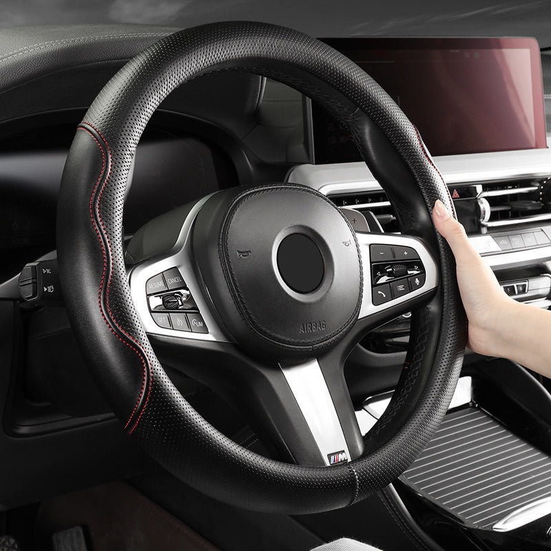 Double-Stitched Leather Steering Wheel Cover